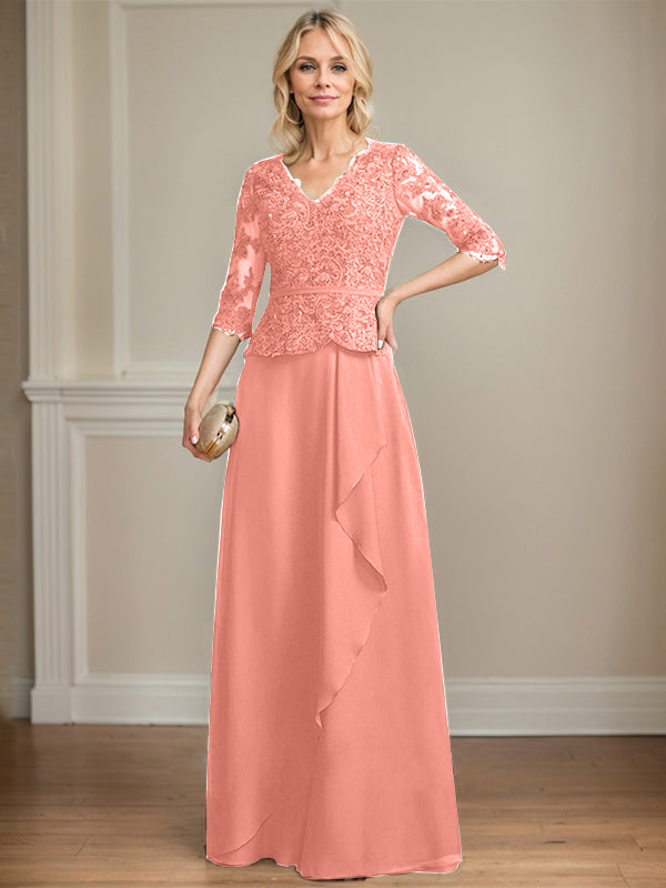 A-line V-Neck Floor-Length Lace Chiffon Mother of the Bride Dress With Cascading Ruffles Sequins