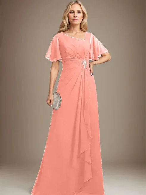 A-line Asymmetrical Floor-Length Chiffon Mother of the Bride Dress With Pleated Beading Sequins