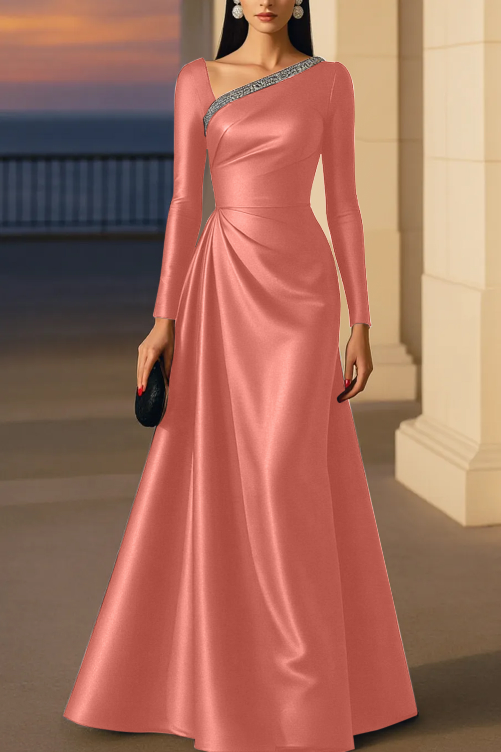 Evening Formal Burgundy Dress Asymmetrical Neck Long Sleeve Maxi Gown