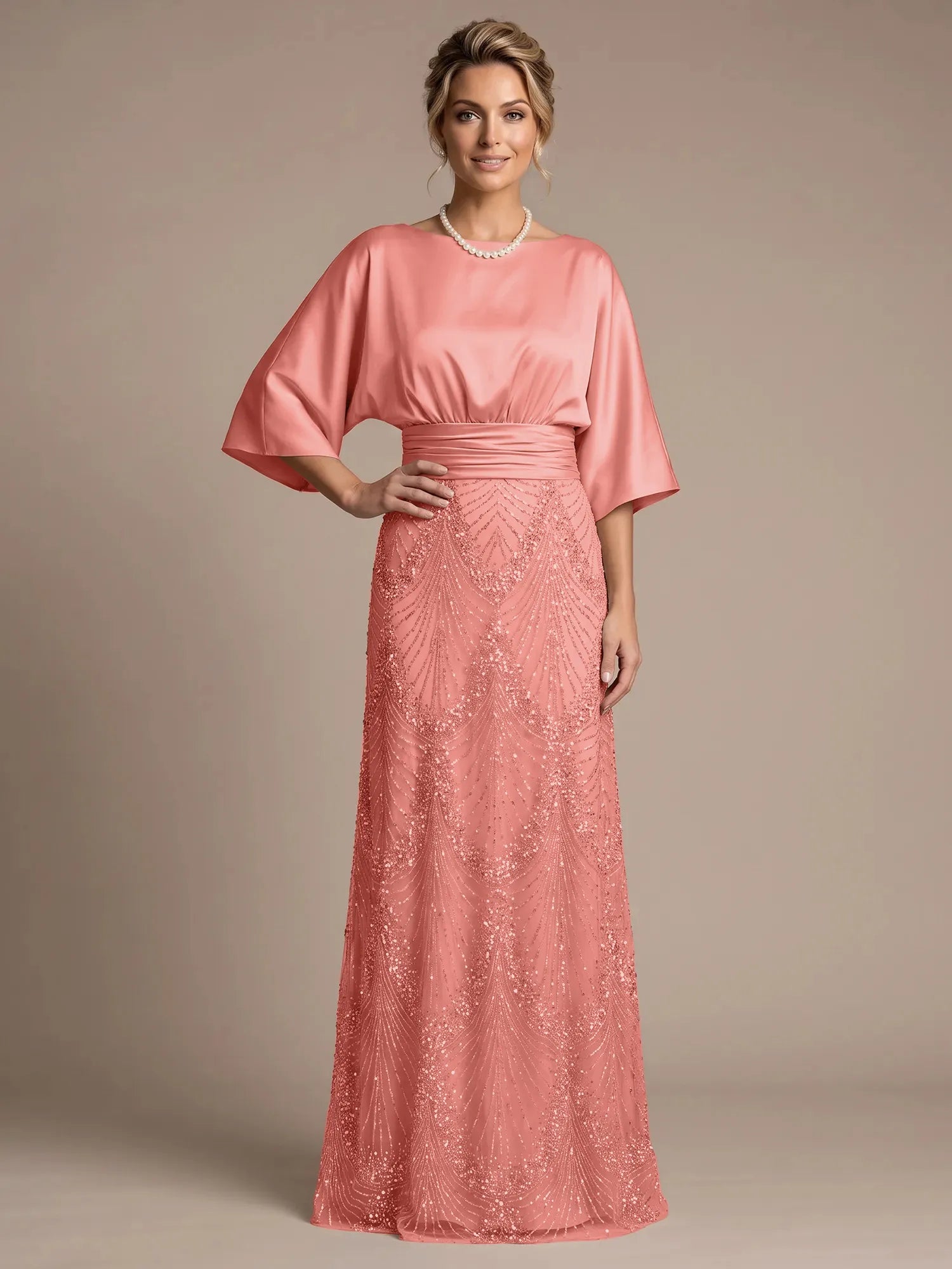 Champagne Bateau Neck Satin 3/4 Batwing Sleeves Maxi Dress