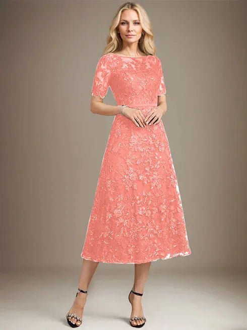 A-line Scoop Illusion Tea-Length Lace Mother of the Bride Dress With Sequins