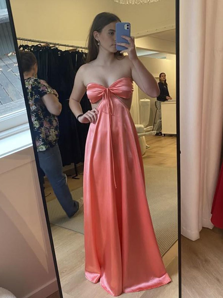 Pink A Line Strapless Back Tie Satin Long Prom Dress