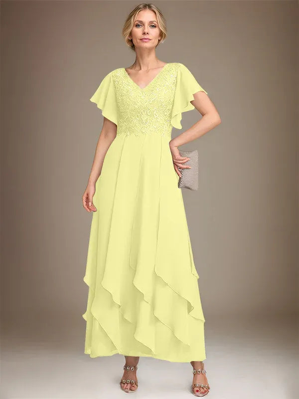 A-line V-Neck Ankle-Length Lace Chiffon Mother of the Bride Dress With Cascading Ruffles