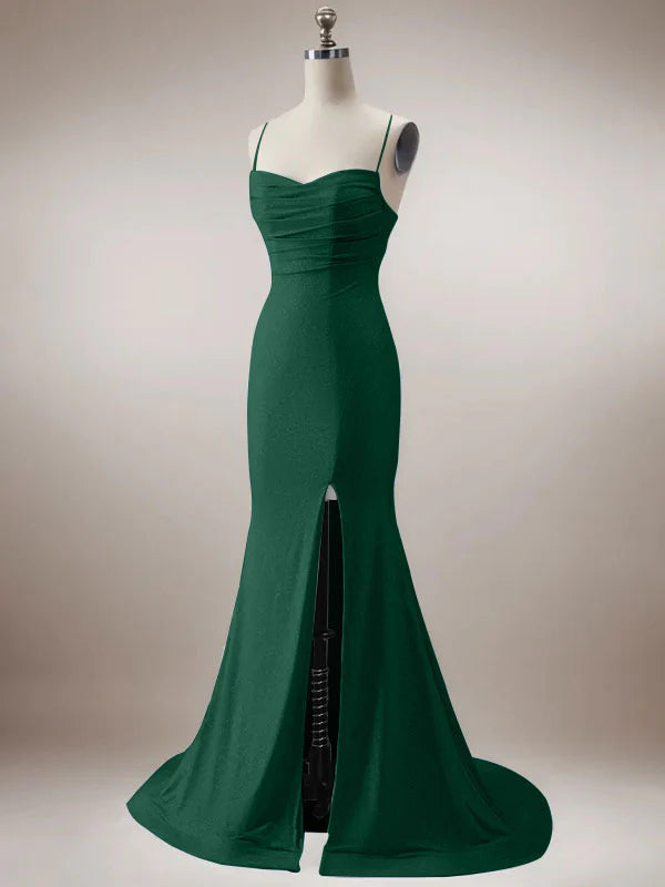 Sparkly Dark Green Mermaid Spaghetti Straps Long Prom Dress with Slit