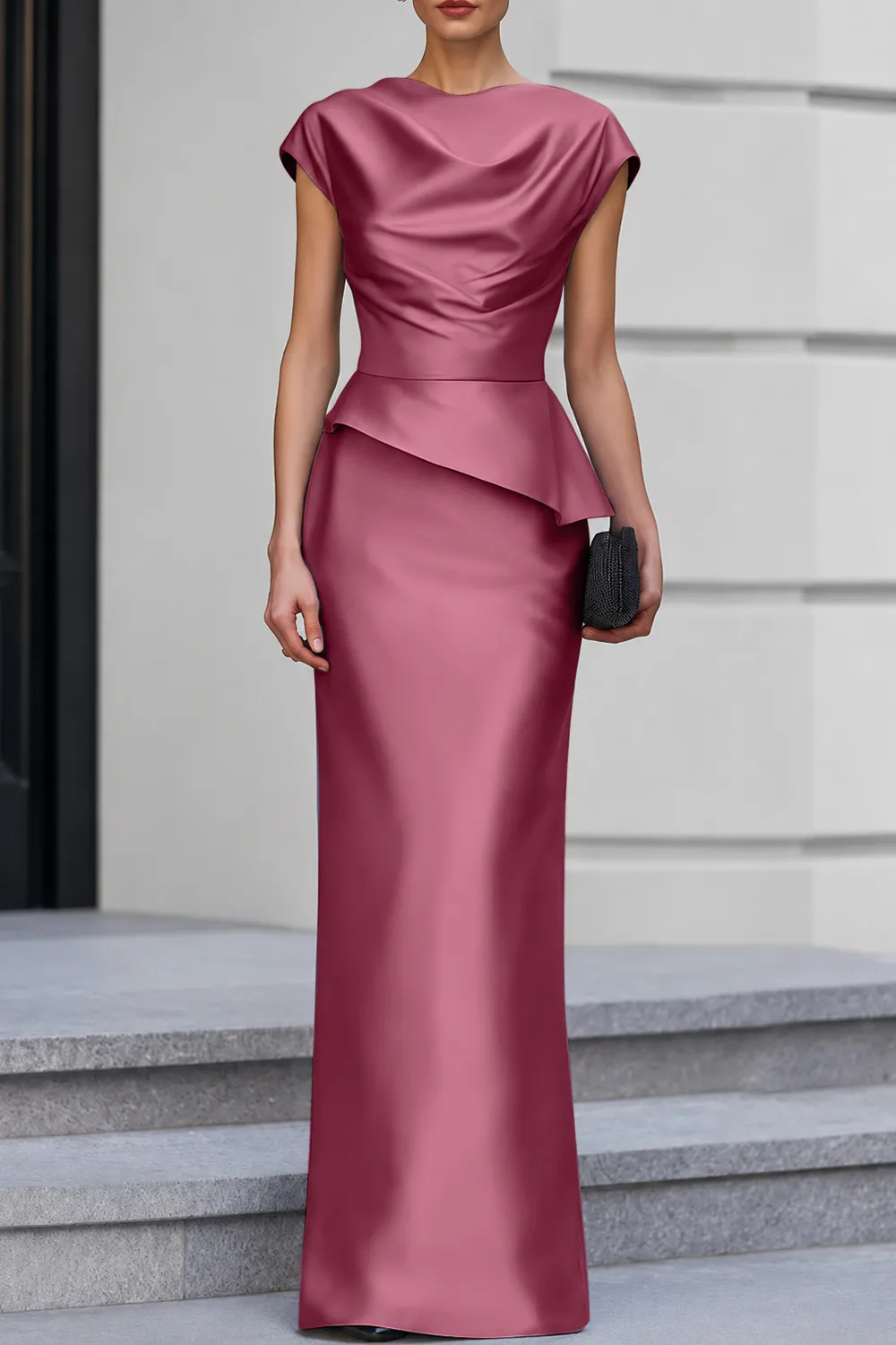 Navy Blue Cap Sleeve Satin Cowl Neck Peplum Maxi Dress