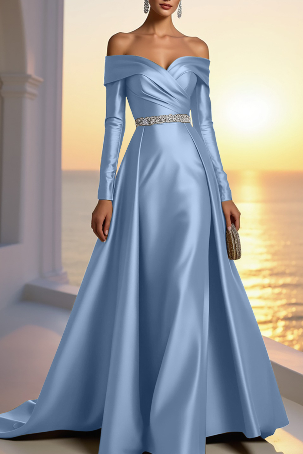 Formal Gold Satin Dress Off The Shoulder Long Sleeve Maxi Gown