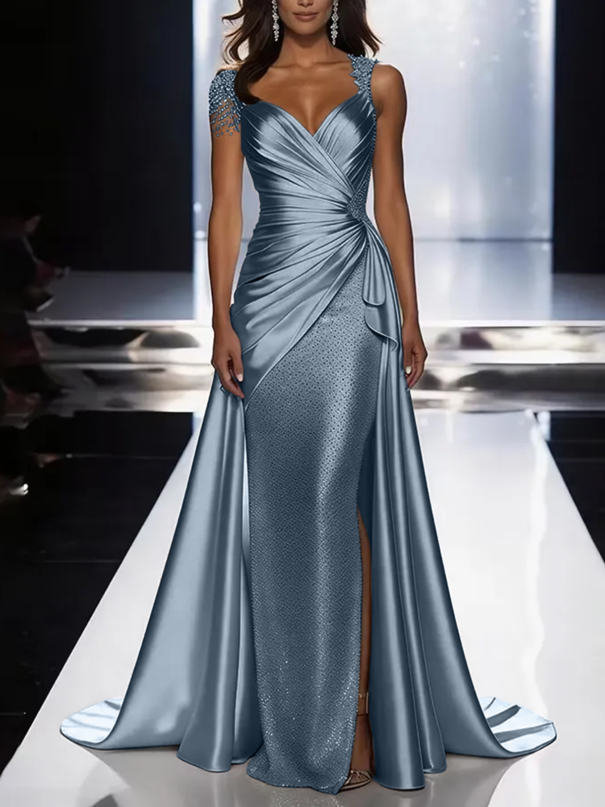 Silver Grey Deep V-Neck Draped Satin Metallic Mermaid Maxi Dress