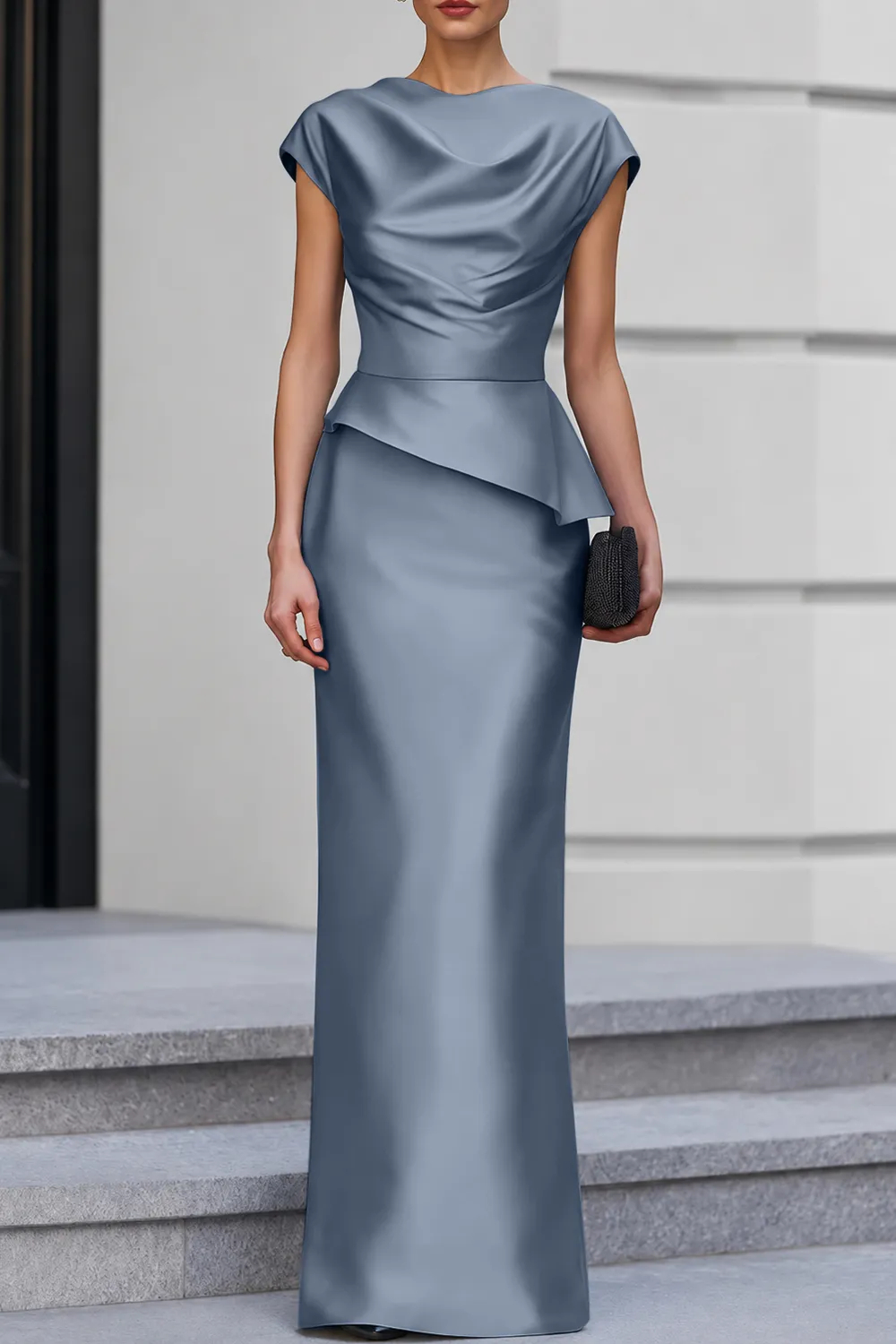 Navy Blue Cap Sleeve Satin Cowl Neck Peplum Maxi Dress
