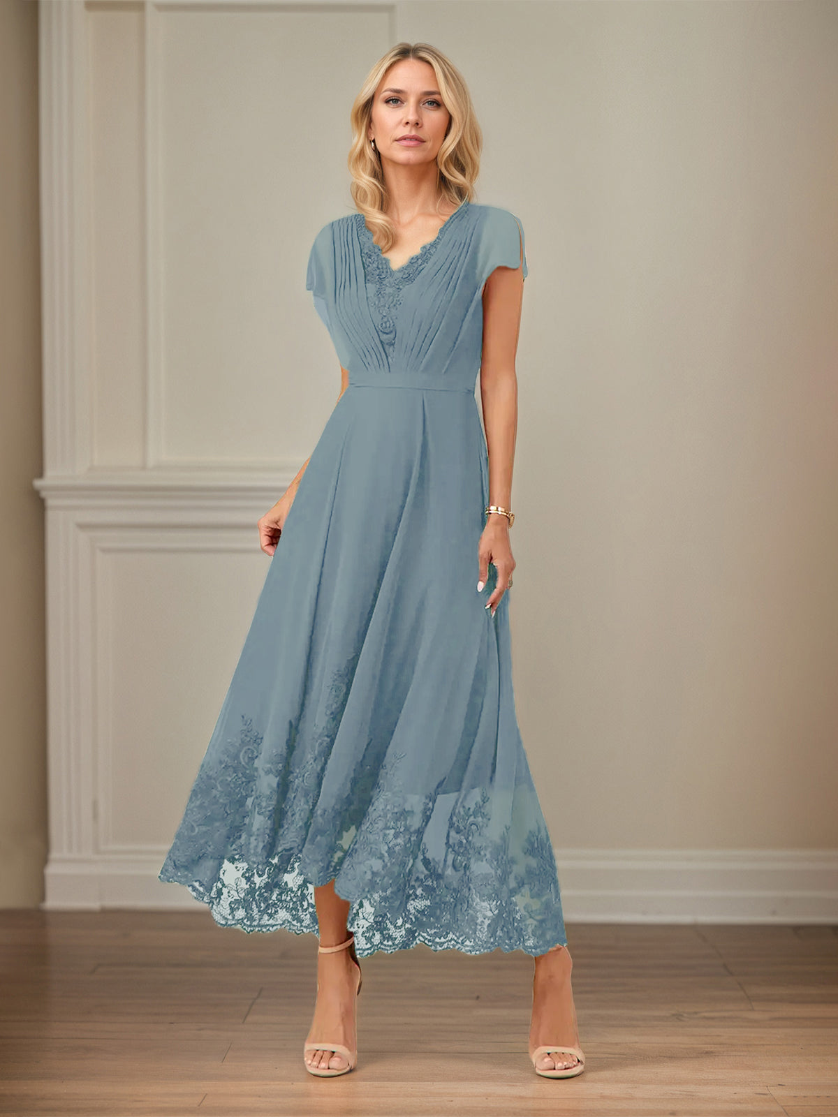 A Line V Neck Flutter Sleeve Ankle Length Chiffon Dress With Appliques