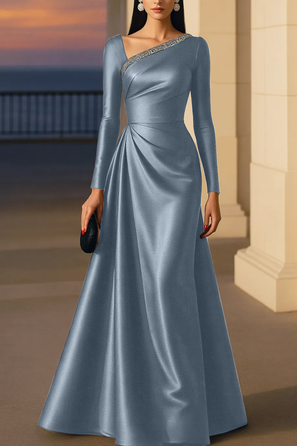 Evening Formal Burgundy Dress Asymmetrical Neck Long Sleeve Maxi Gown