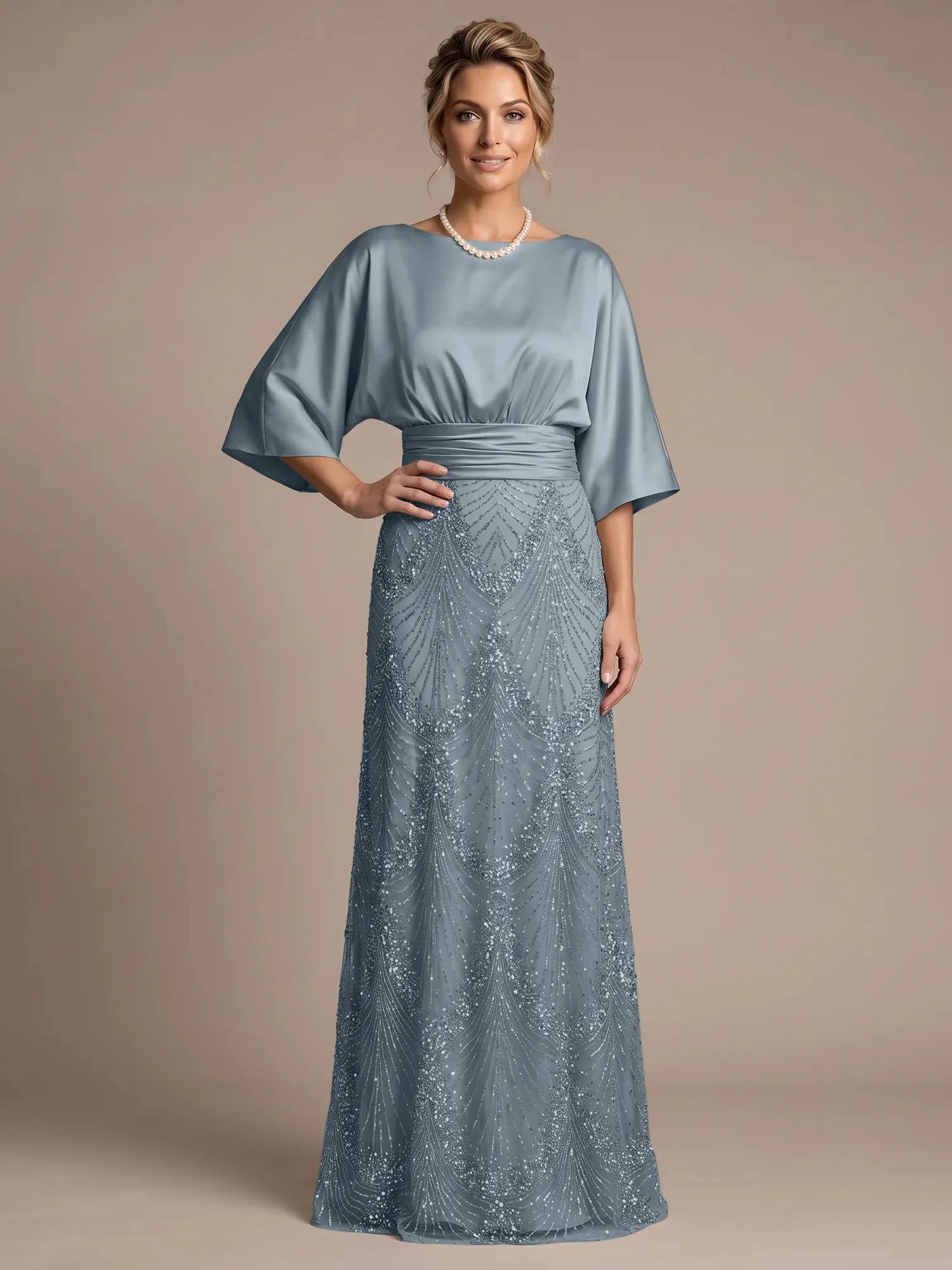 Champagne Bateau Neck Satin 3/4 Batwing Sleeves Maxi Dress