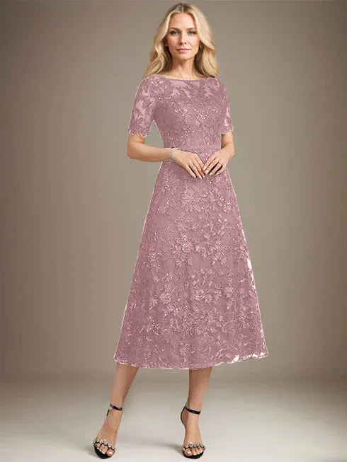 A-line Scoop Illusion Tea-Length Lace Mother of the Bride Dress With Sequins