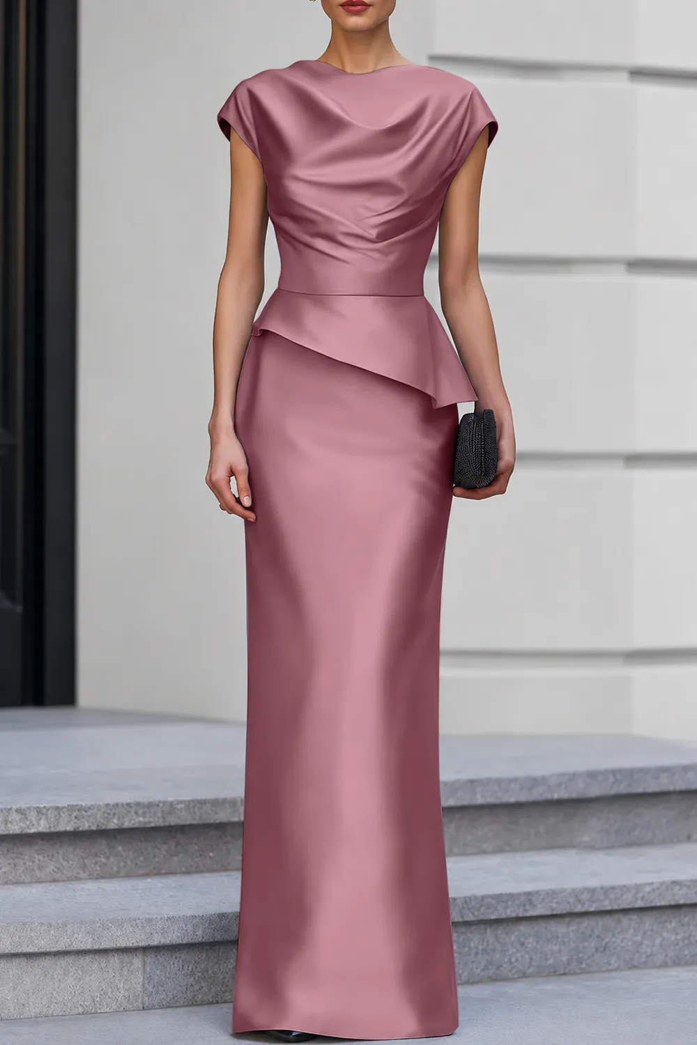 Navy Blue Cap Sleeve Satin Cowl Neck Peplum Maxi Dress