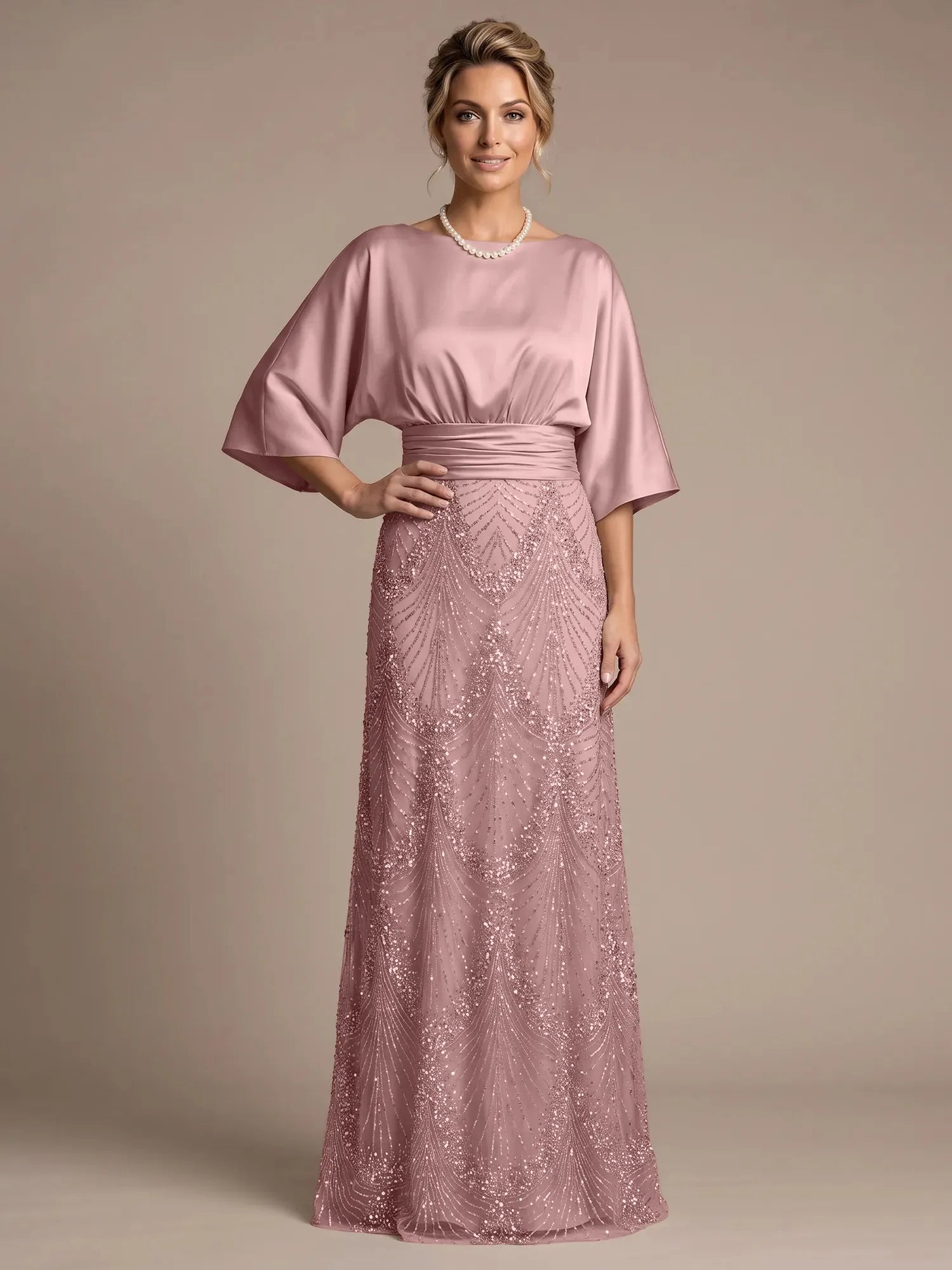 Champagne Bateau Neck Satin 3/4 Batwing Sleeves Maxi Dress