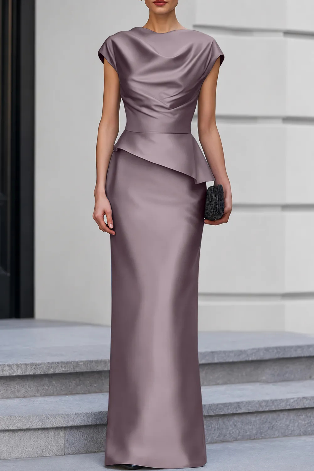 Navy Blue Cap Sleeve Satin Cowl Neck Peplum Maxi Dress