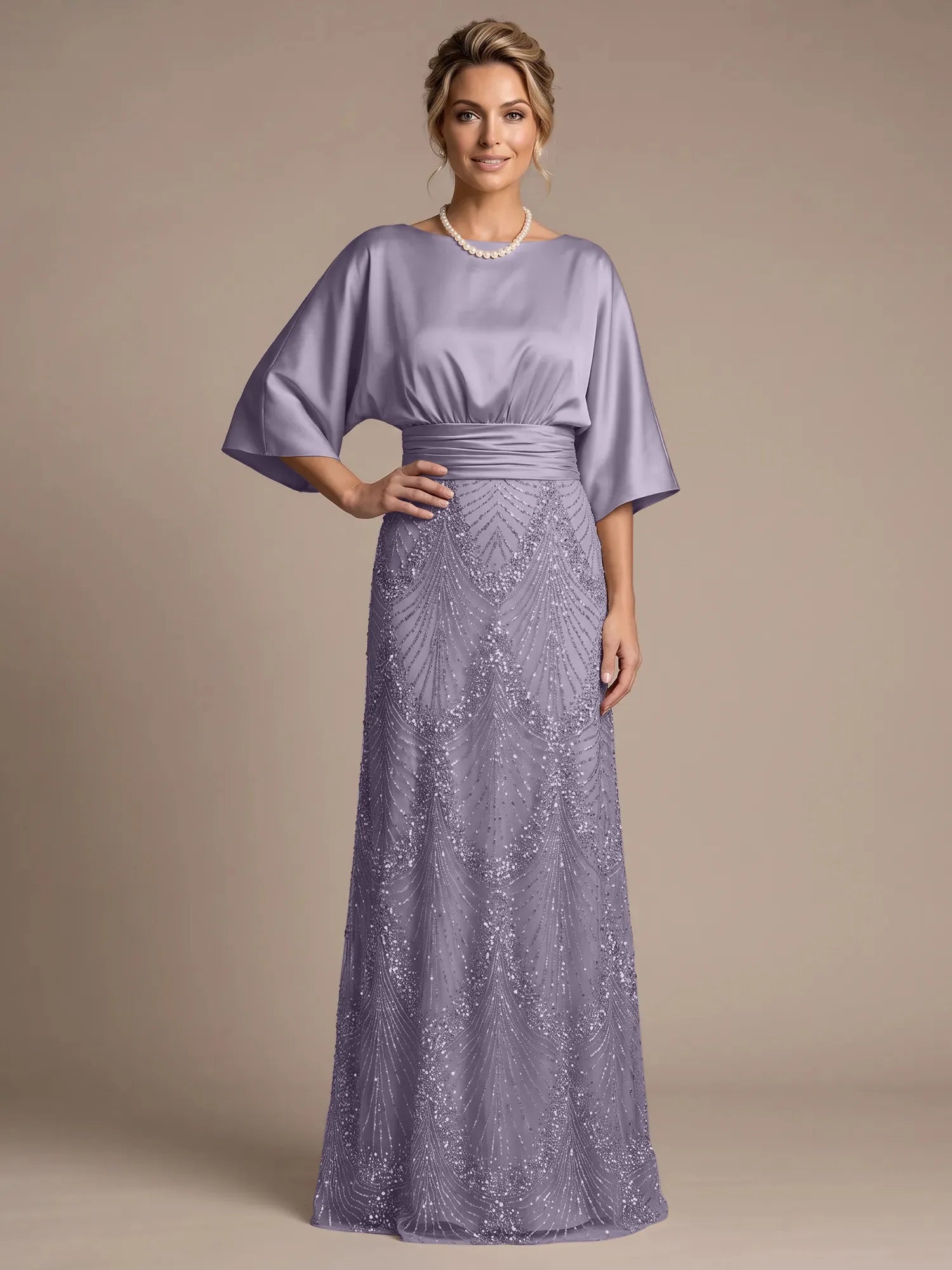 Champagne Bateau Neck Satin 3/4 Batwing Sleeves Maxi Dress
