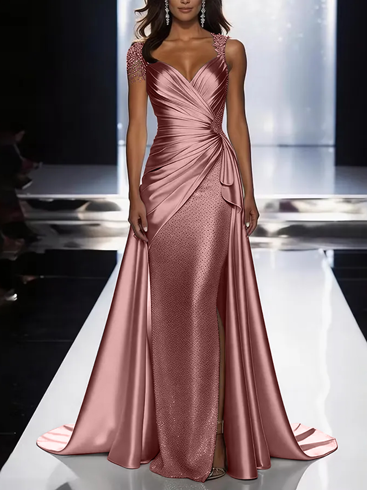 Silver Grey Deep V-Neck Draped Satin Metallic Mermaid Maxi Dress