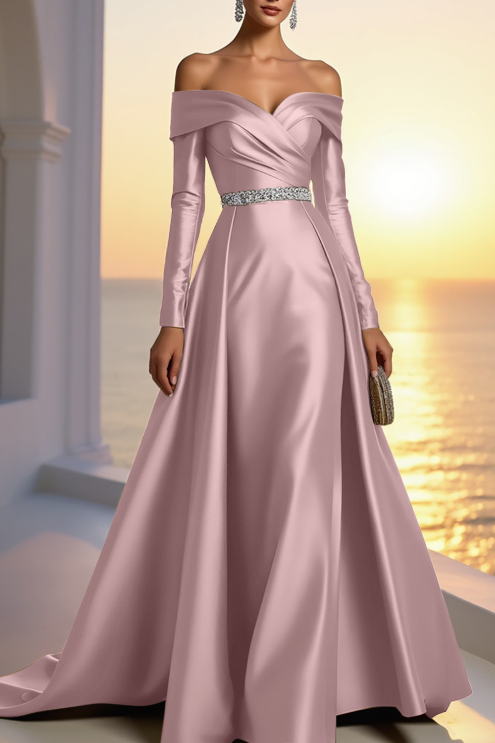 Formal Gold Satin Dress Off The Shoulder Long Sleeve Maxi Gown