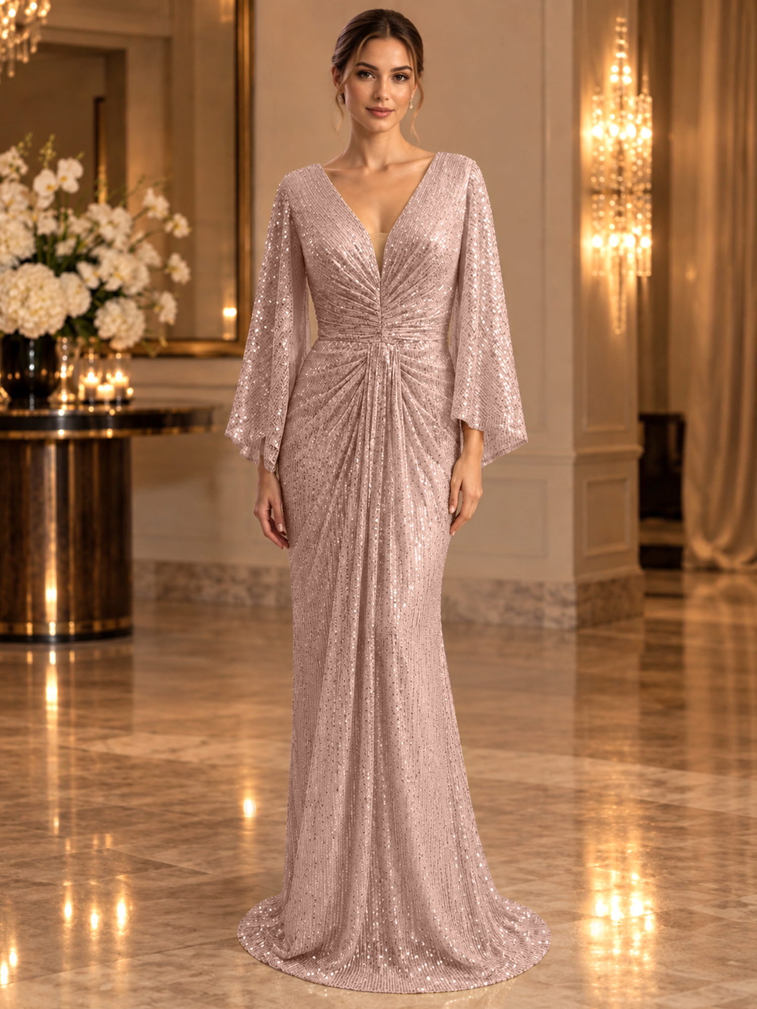 Gold Sequined V Neck Flare Sleeve Mermaid Maxi Dress