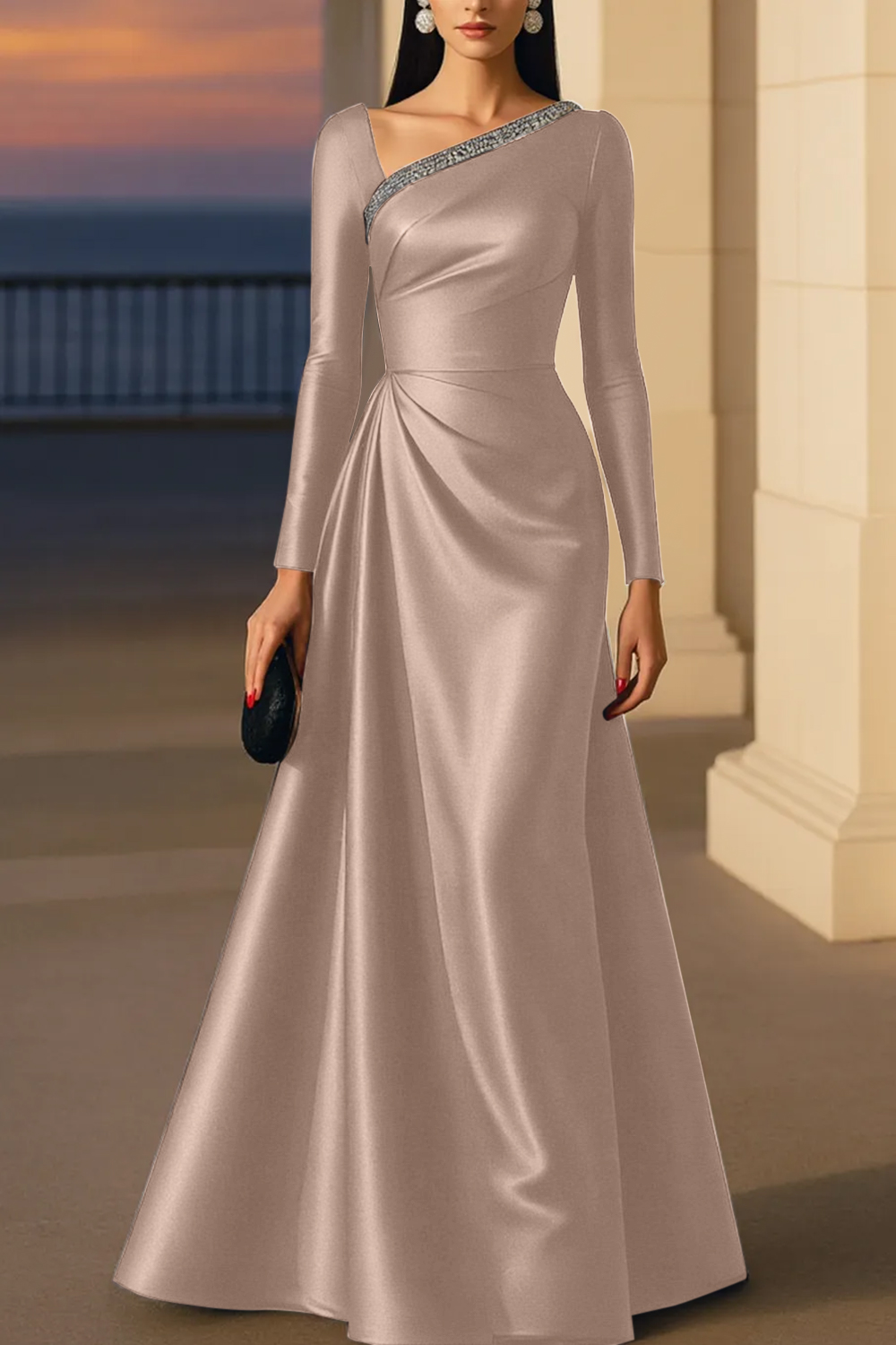 Evening Formal Burgundy Dress Asymmetrical Neck Long Sleeve Maxi Gown