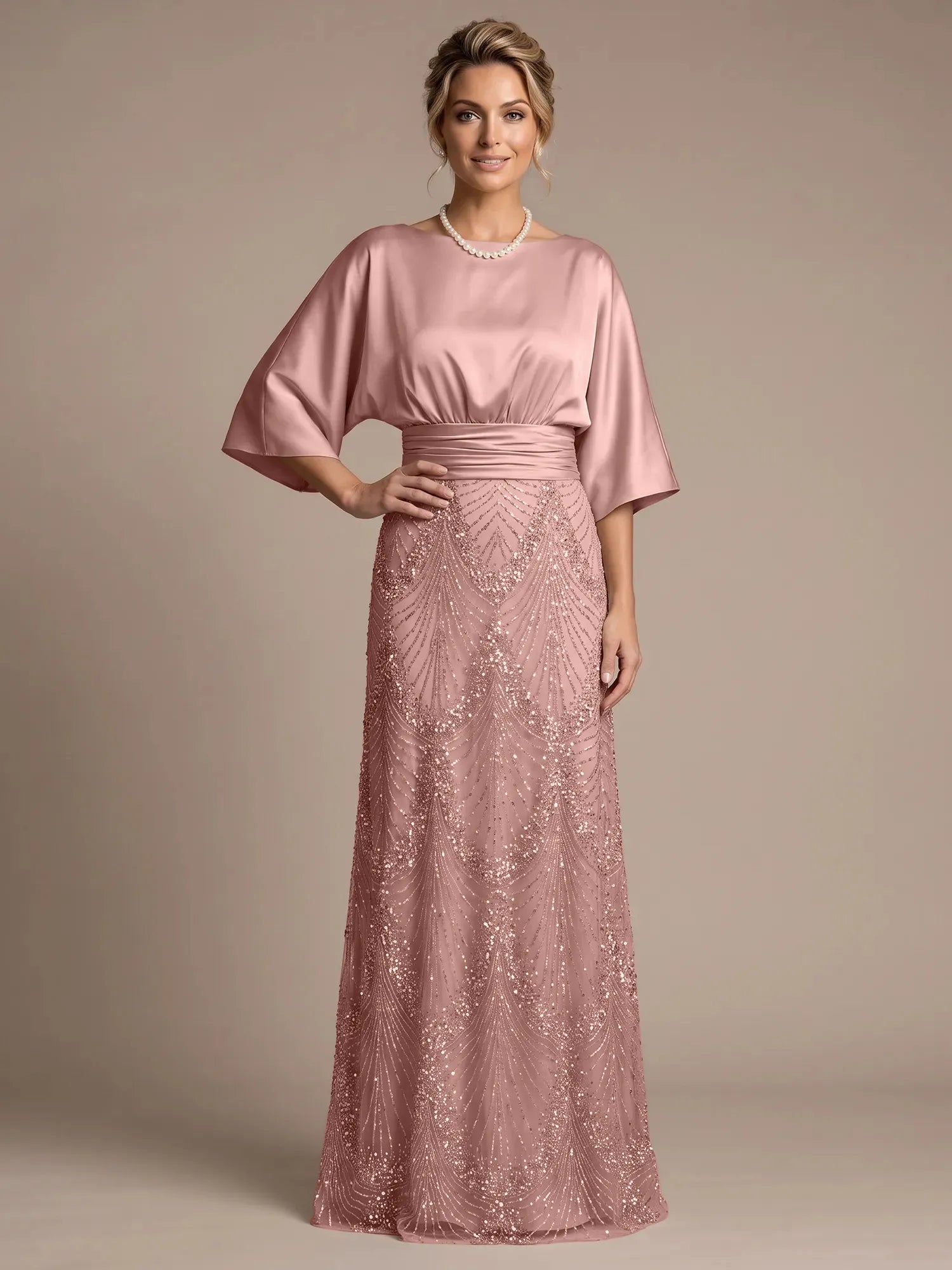 Champagne Bateau Neck Satin 3/4 Batwing Sleeves Maxi Dress
