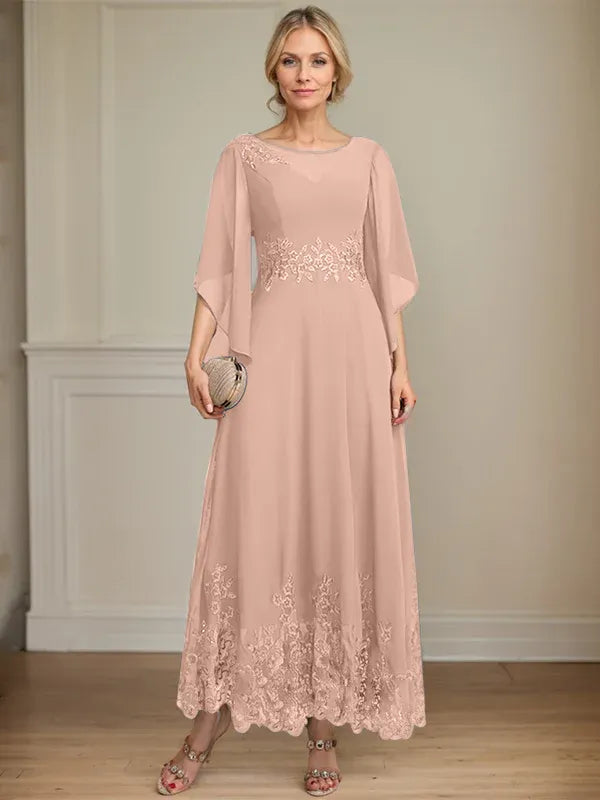 A-line Scoop Illusion Ankle-Length Lace Chiffon Mother of the Bride Dress With Sequins