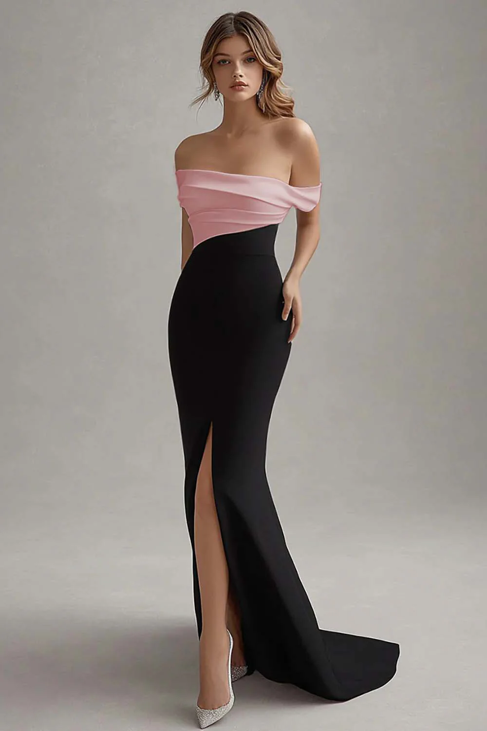 Elegant Off the Shoulder Black White Formal Dress with Slit