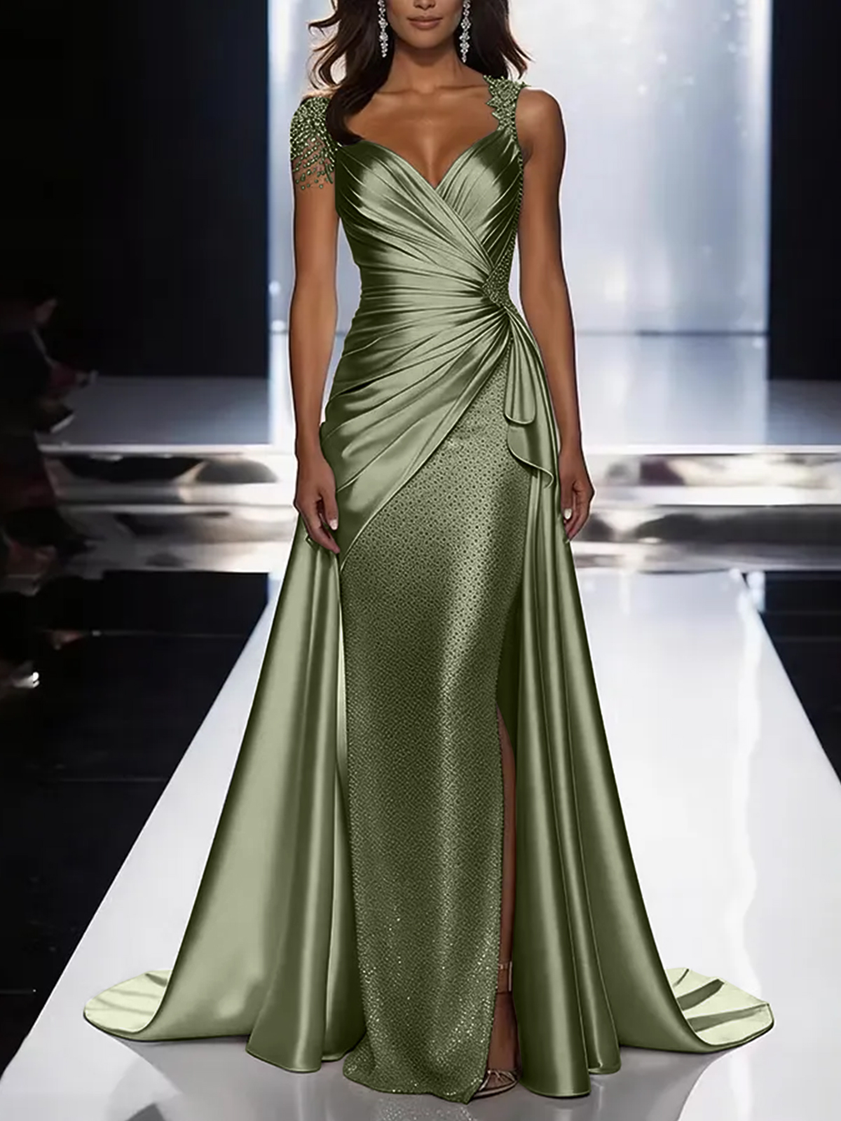 Silver Grey Deep V-Neck Draped Satin Metallic Mermaid Maxi Dress