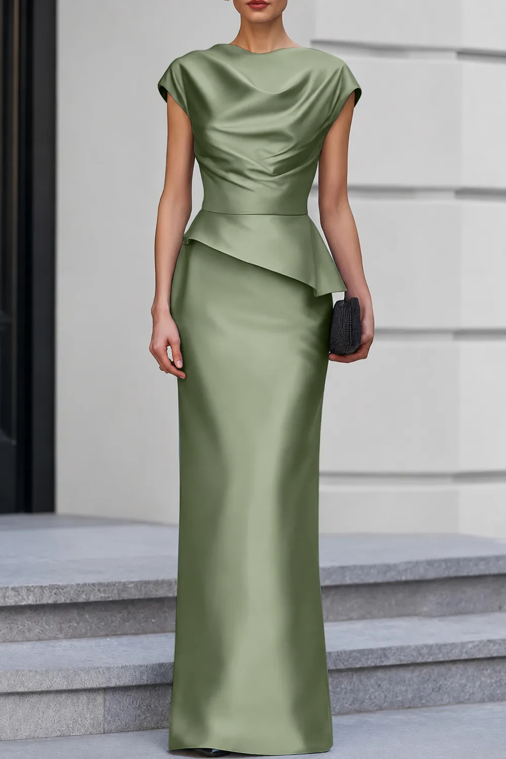 Navy Blue Cap Sleeve Satin Cowl Neck Peplum Maxi Dress