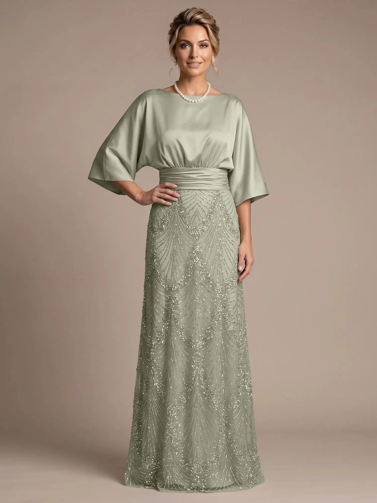 Champagne Bateau Neck Satin 3/4 Batwing Sleeves Maxi Dress