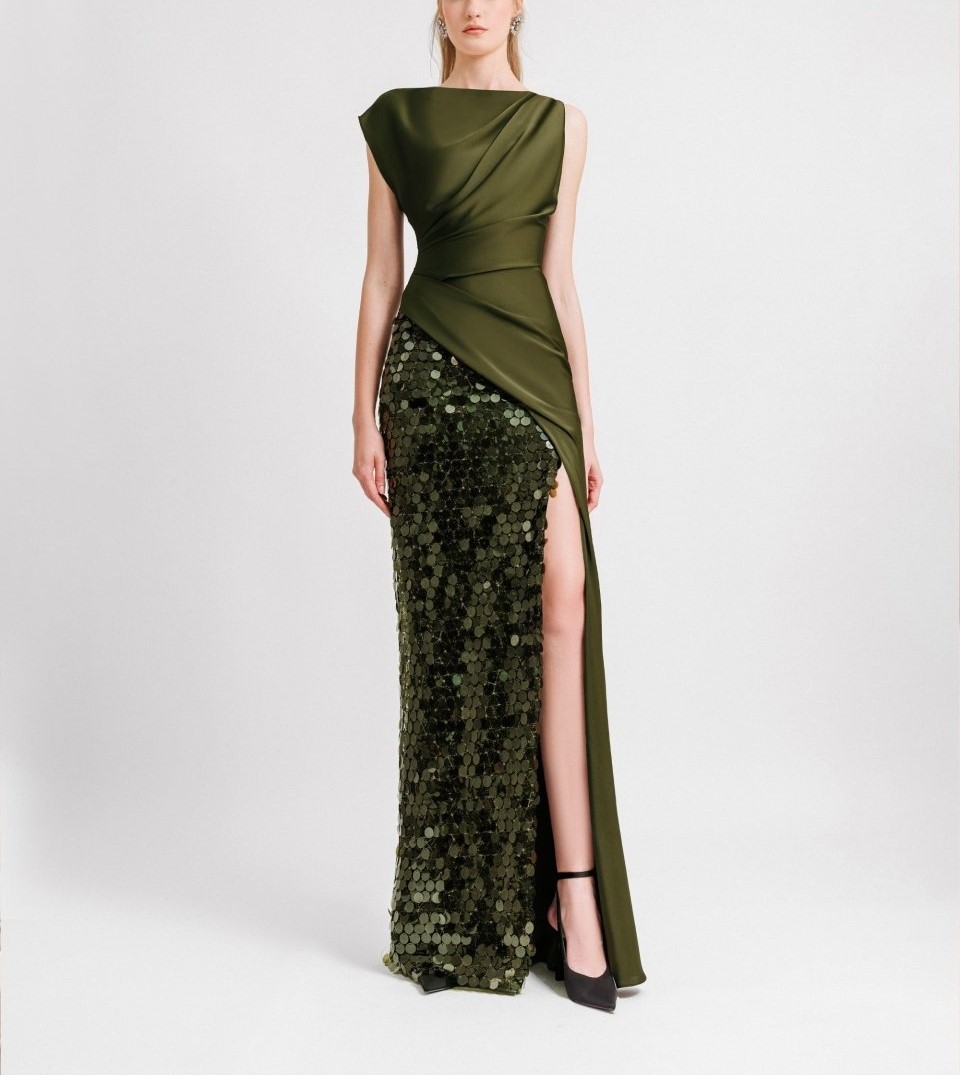 Asymmetrical draped satin dress