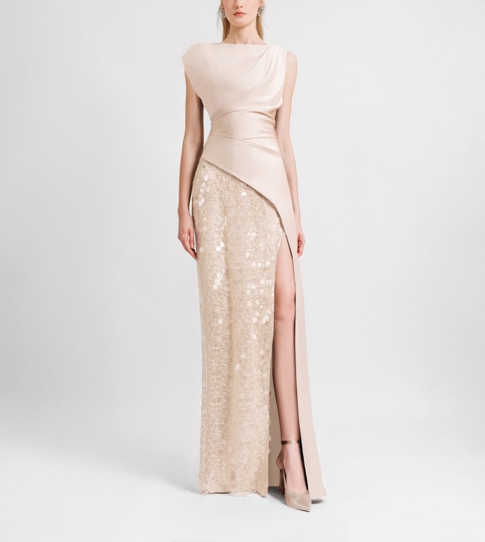 Asymmetrical draped satin dress