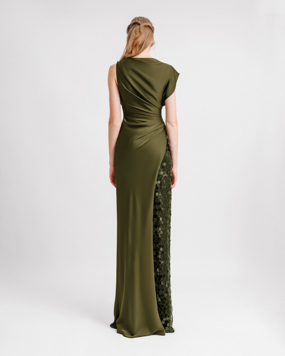 Asymmetrical draped satin dress
