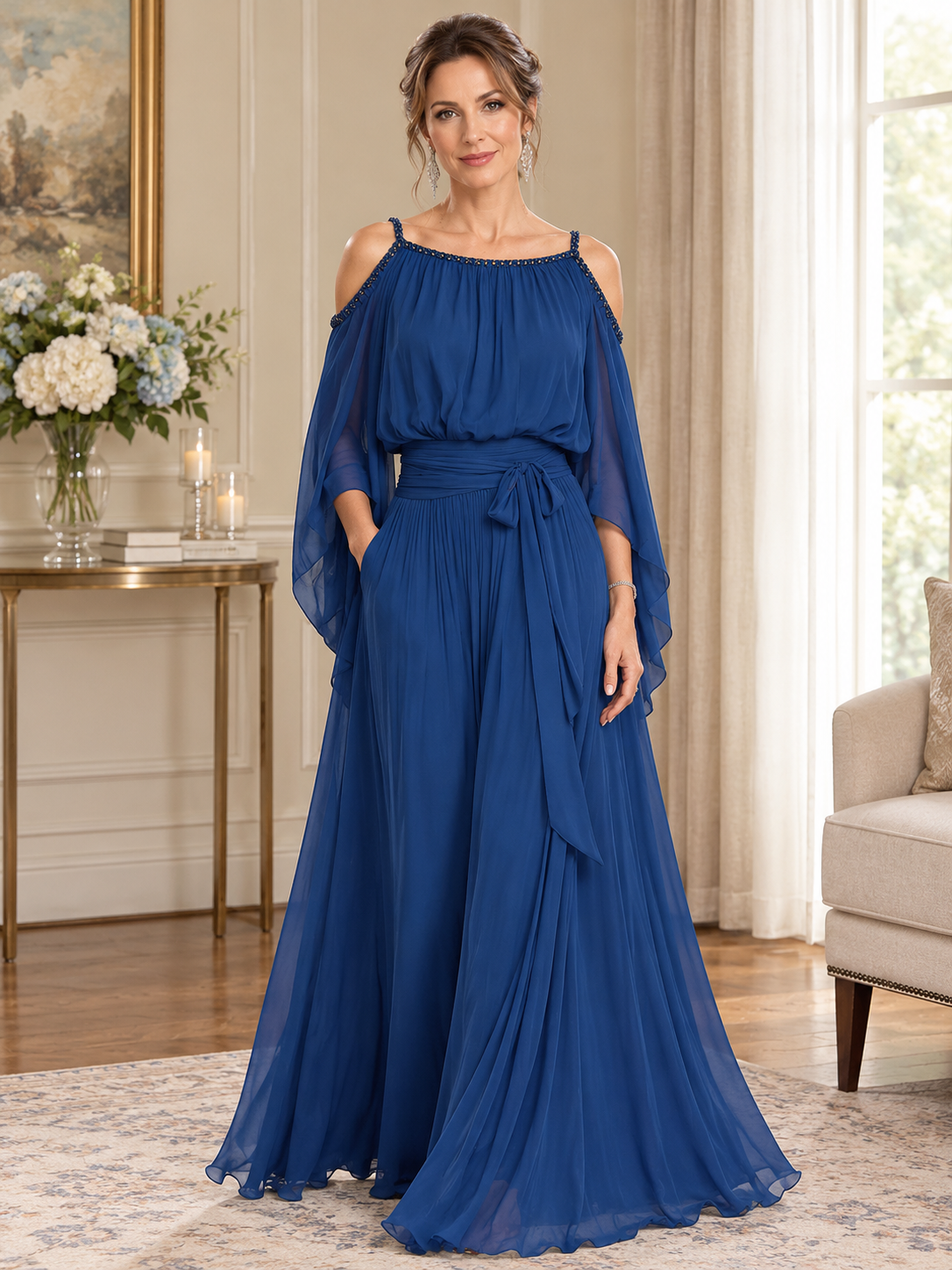 Royal Blue Chiffon Cold-Shoulder Maxi Dress