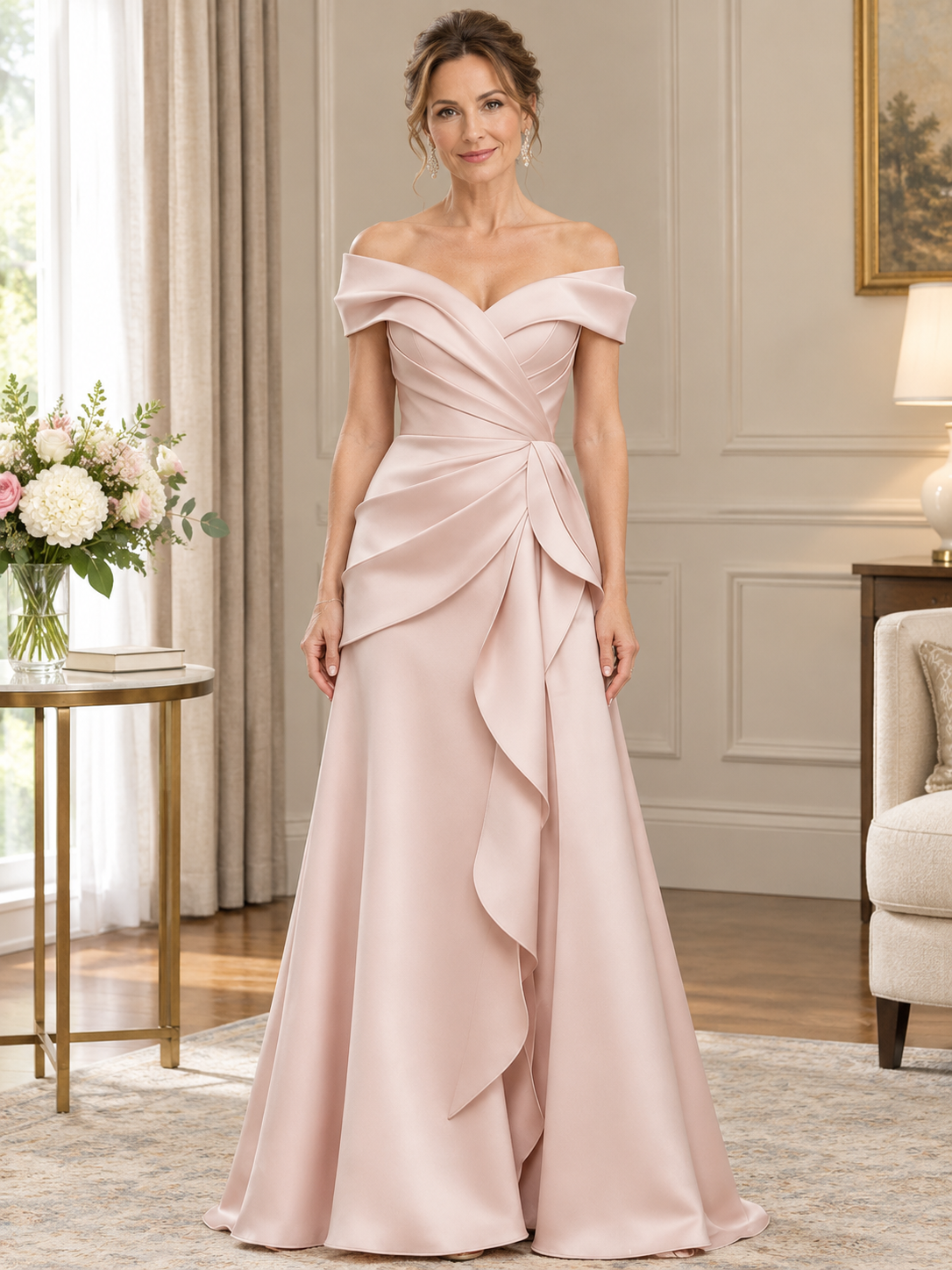 Pink Off-the-Shoulder Pleated Satin Maxi Dress