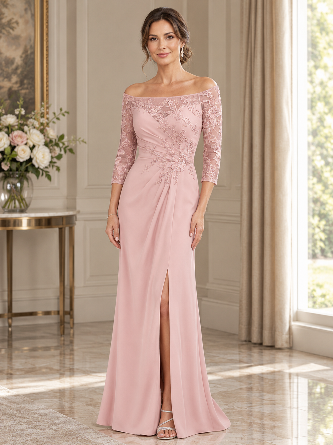 Light Pink Off-the-Shoulder Neckline Lace Chiffon Maxi Dress