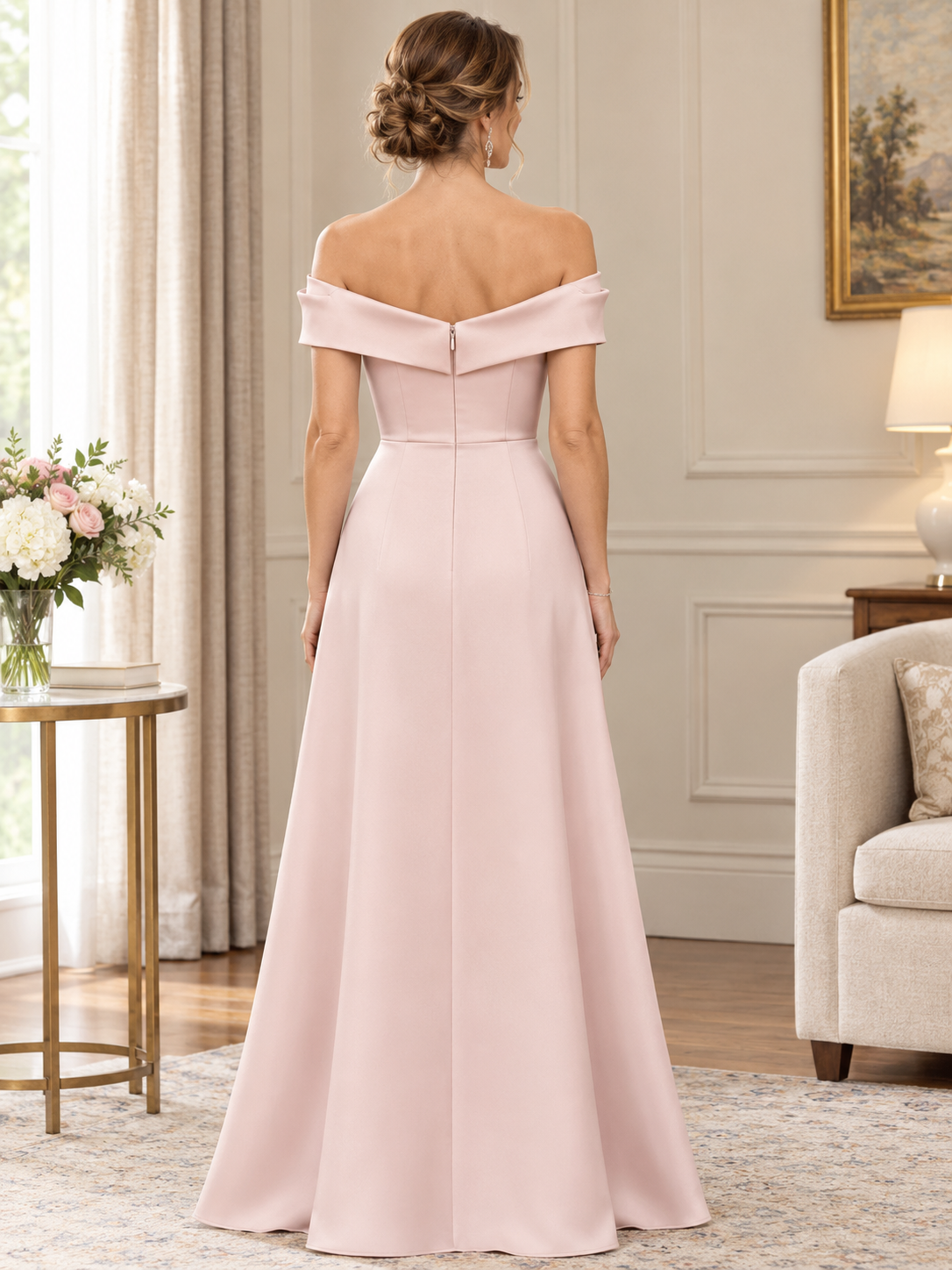 Pink Off-the-Shoulder Pleated Satin Maxi Dress