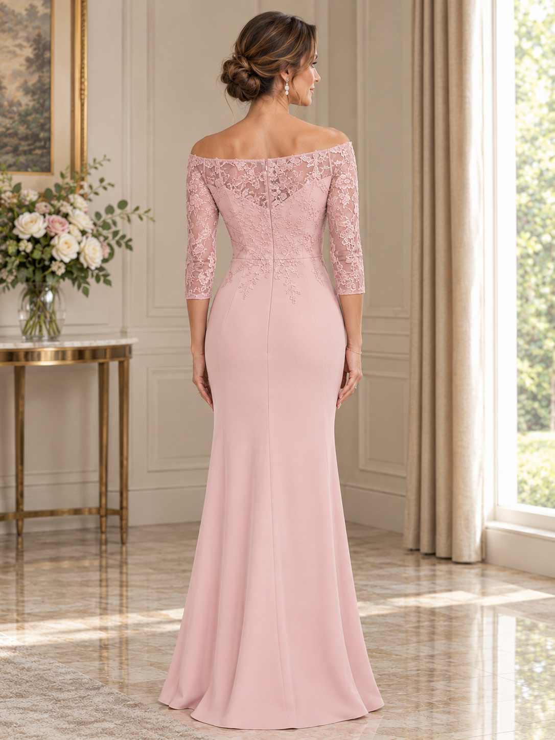 Light Pink Off-the-Shoulder Neckline Lace Chiffon Maxi Dress