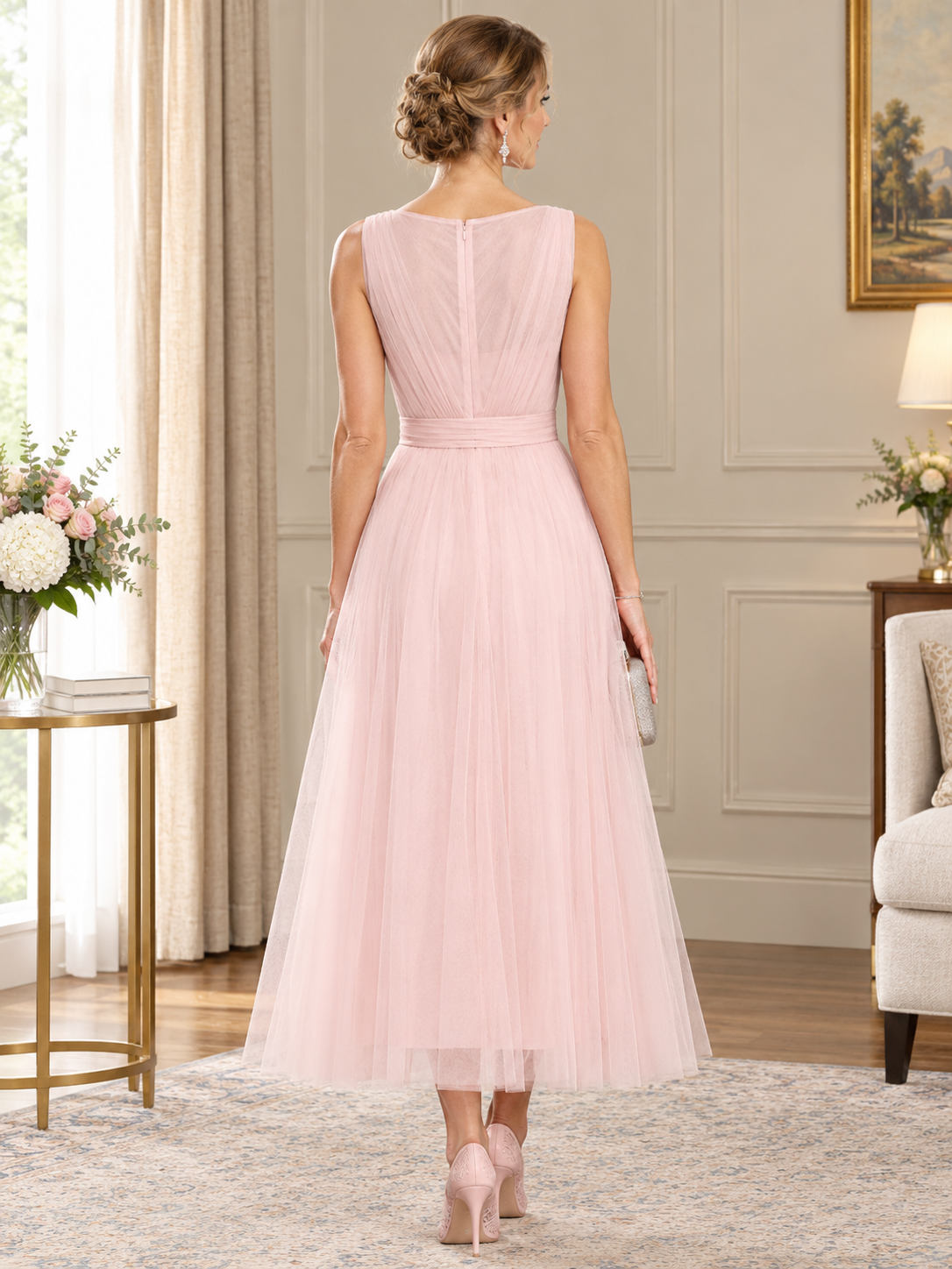 Mesh Chiffon V-Neck Belted A-Line Midi Dress