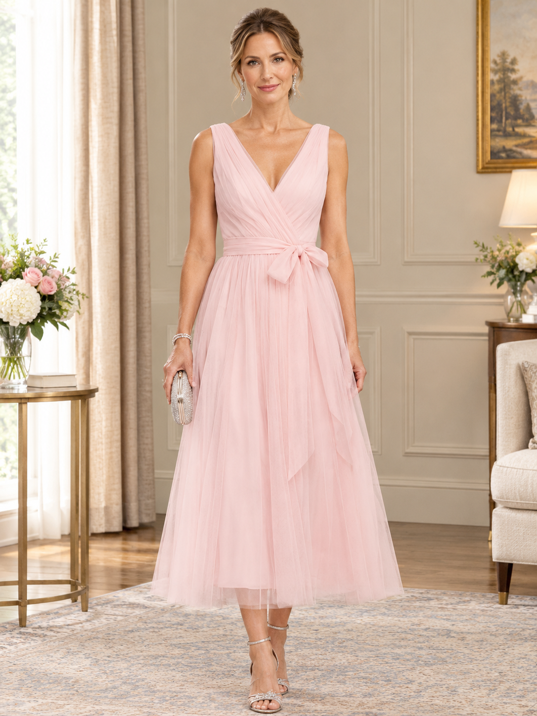 Mesh Chiffon V-Neck Belted A-Line Midi Dress