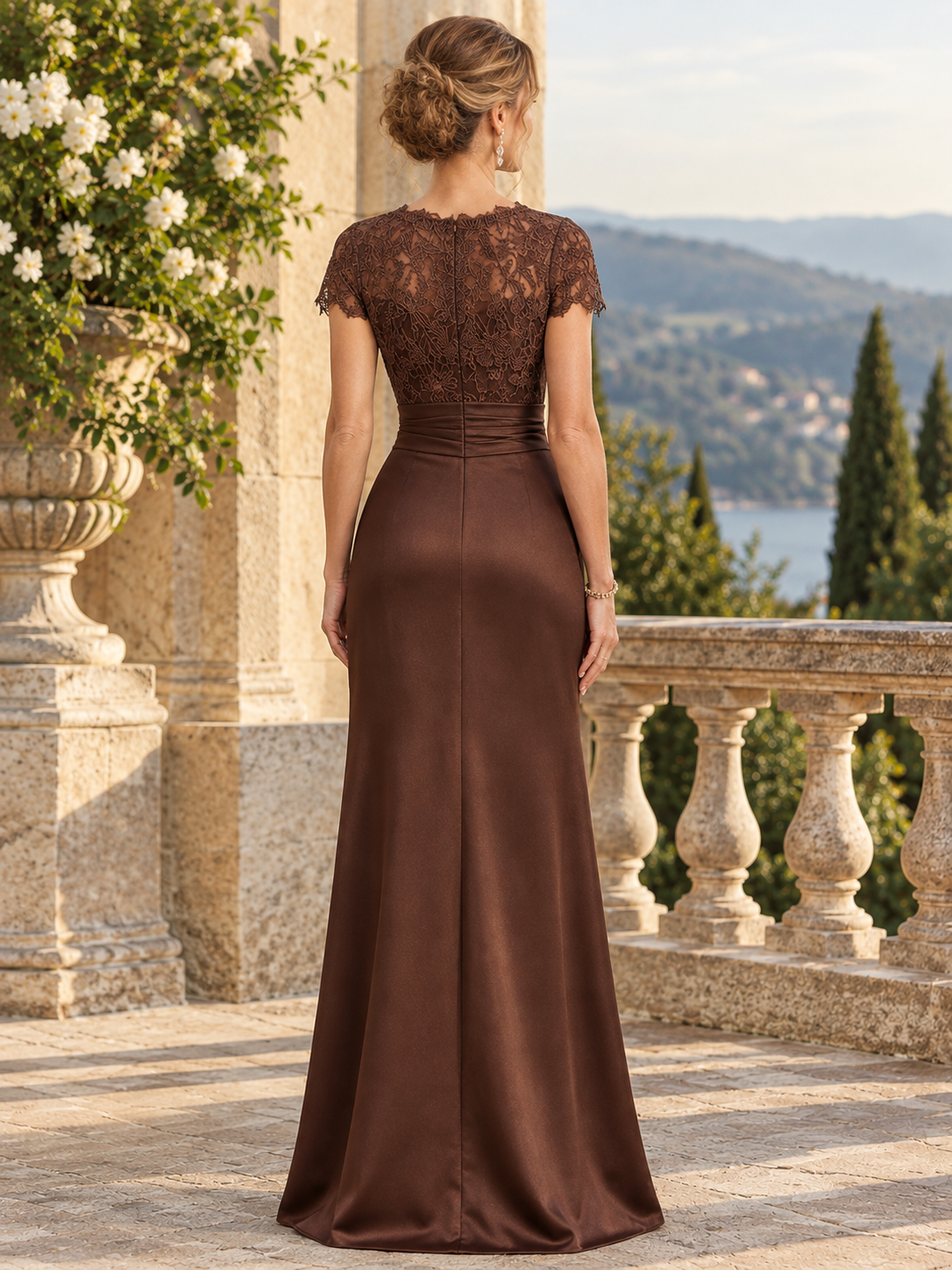 Coffee Lace Trimmed Satin With Pleats And Slits Maxi Dress