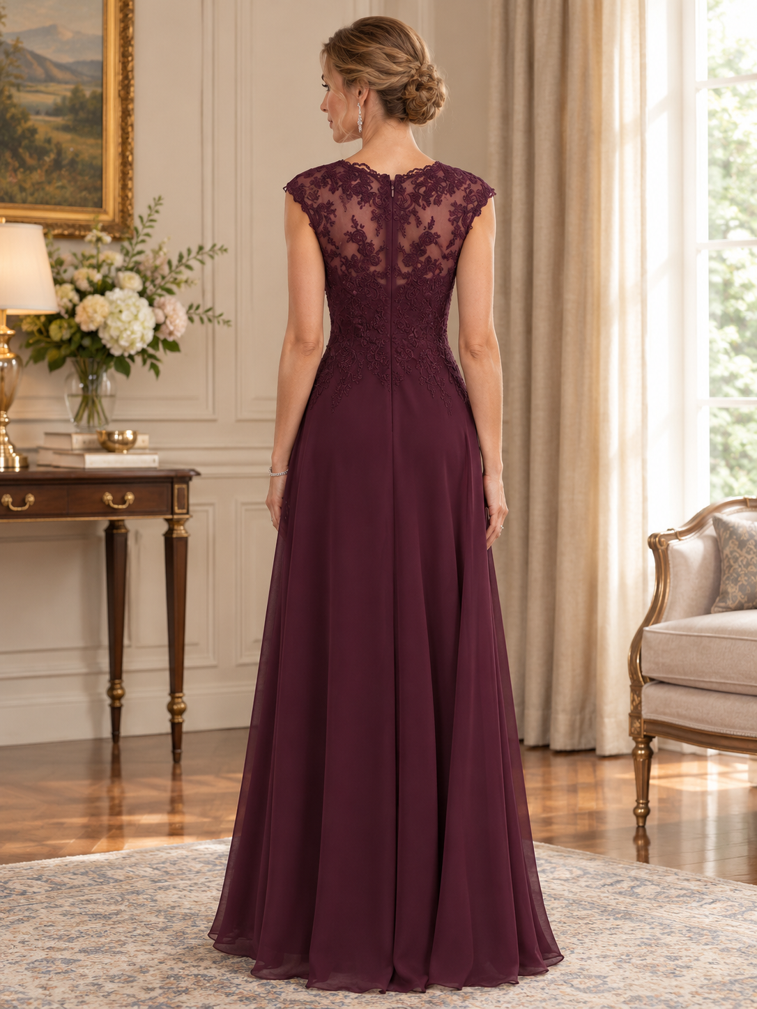 Burgundy Lace Applique Chiffon A-Line Maxi Dress