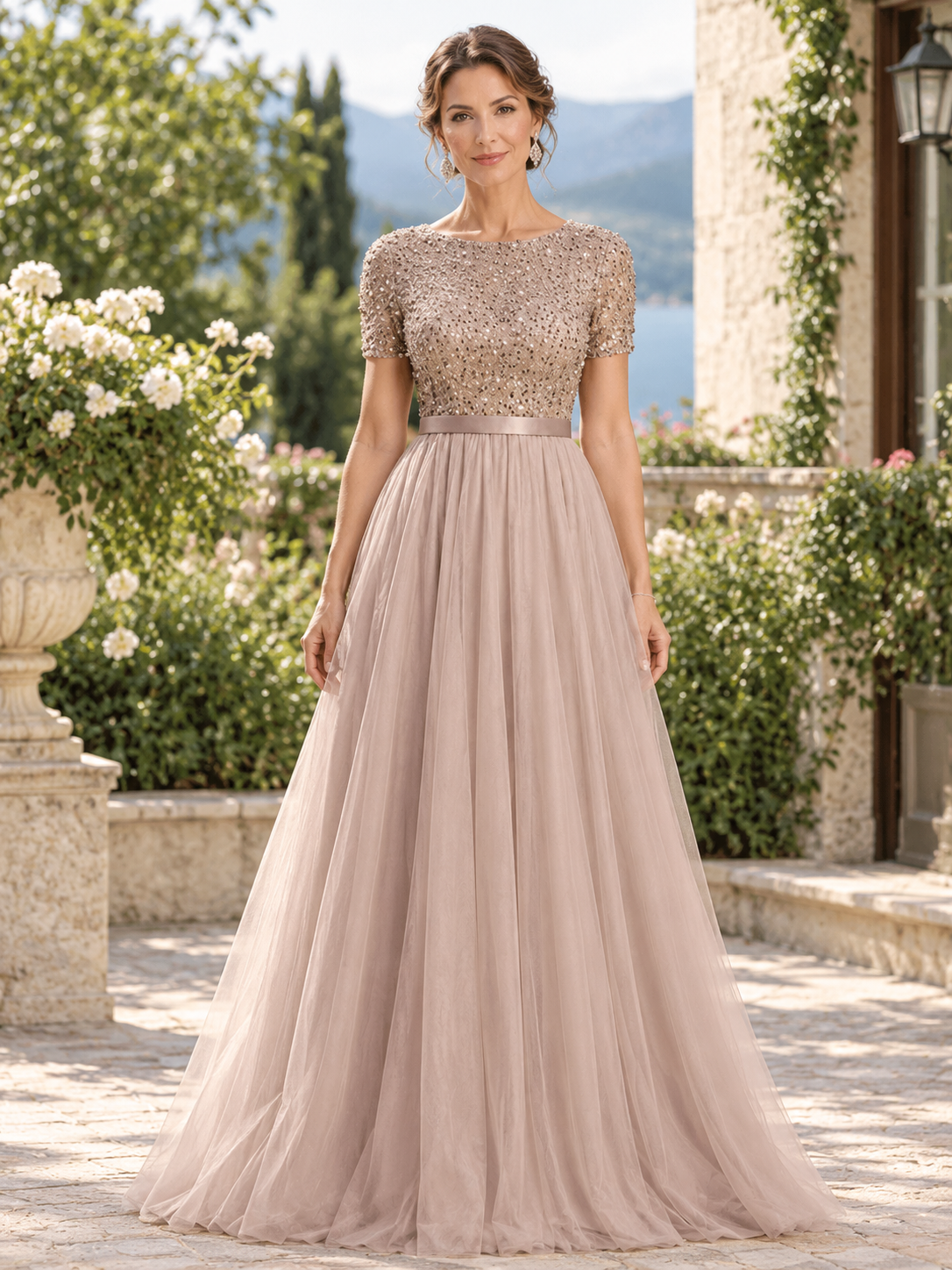 Champagne Round Neck Blended Tulle A-Line Maxi Dress
