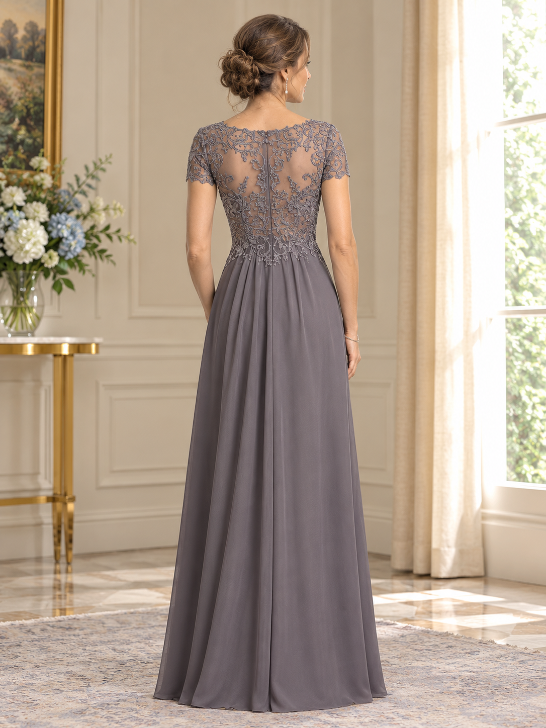 Dusty Gray Lace Chiffon Maxi Dress