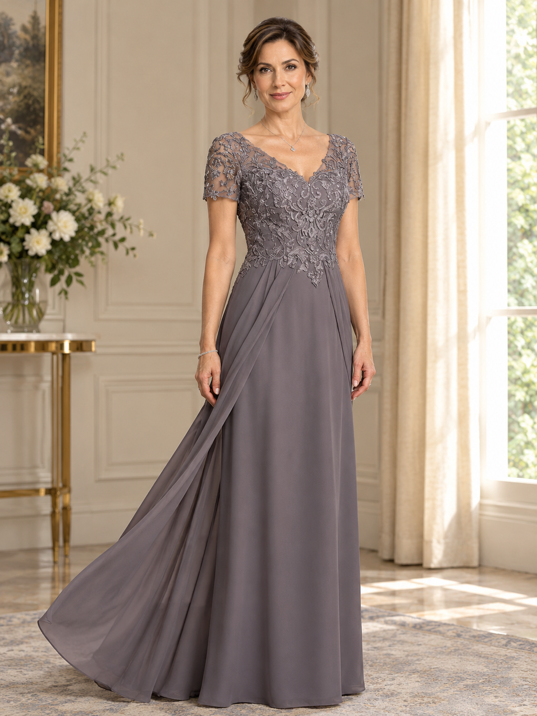 Dusty Gray Lace Chiffon Maxi Dress