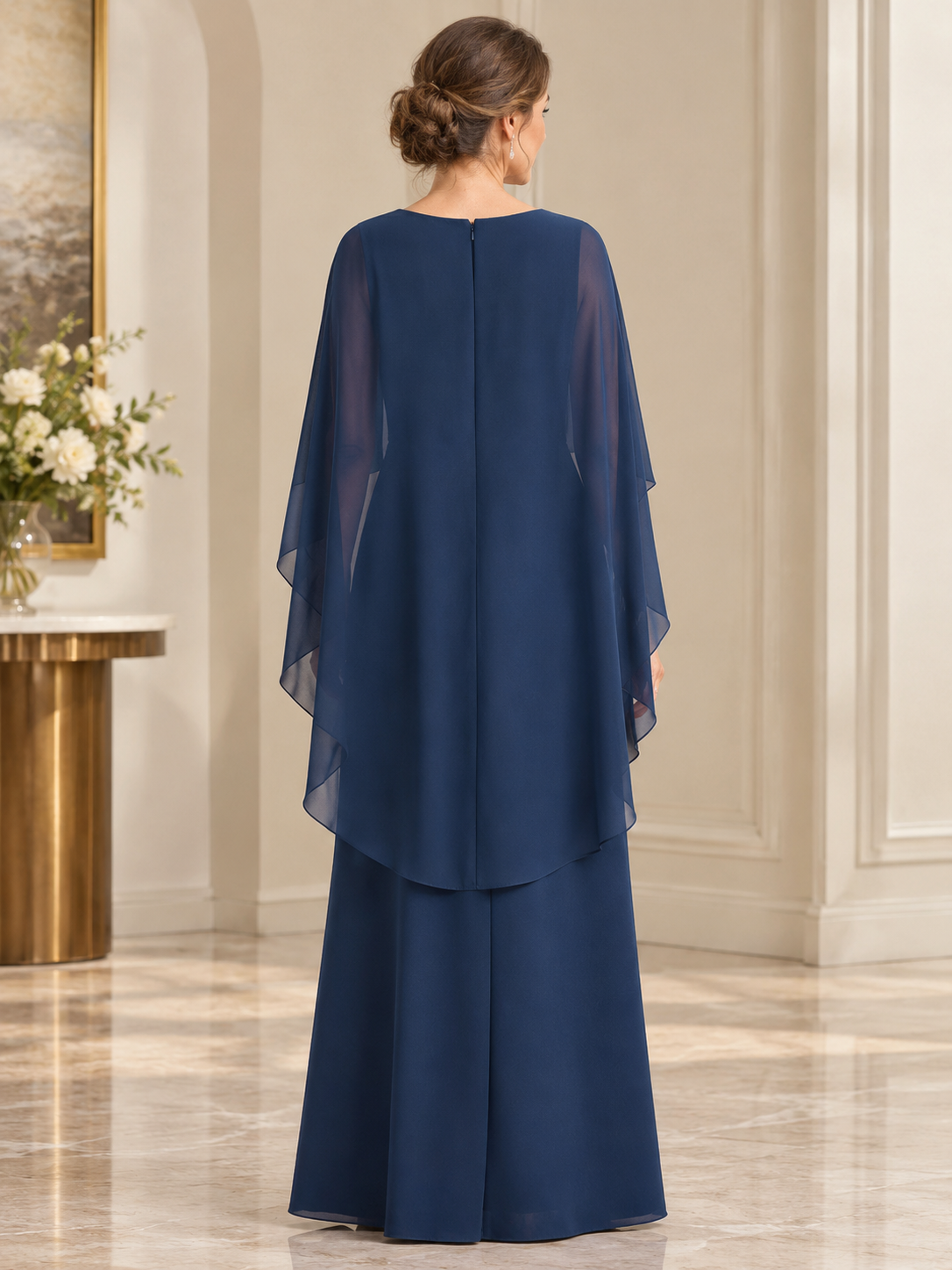 Slate Blue V-Neck with Cape Overlay Chiffon Maxi Dress