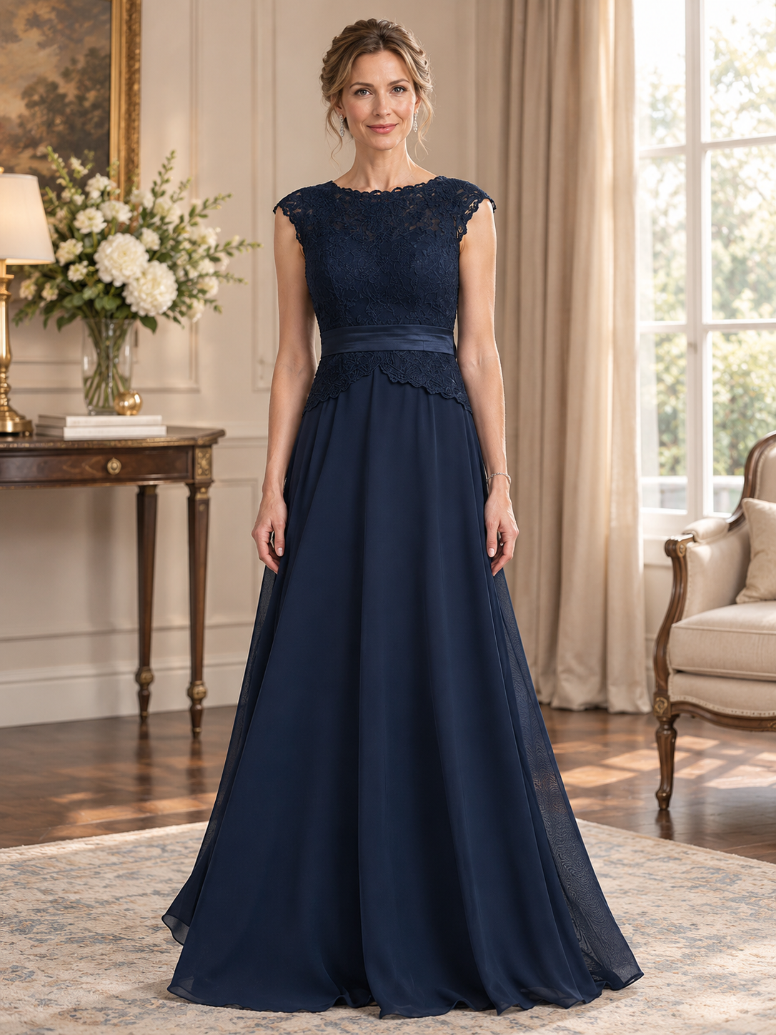 Navy Blue Elegant Lace Applique Chiffon Maxi Dress