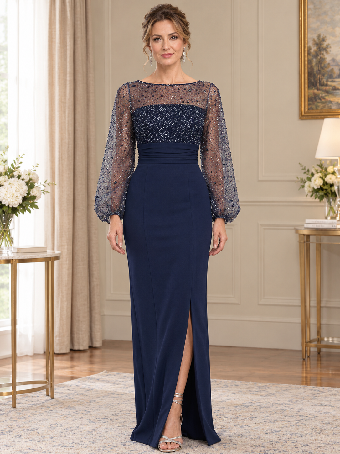 Navy Blue Boat-Neck Sheer Sleeve Column Maxi Dress
