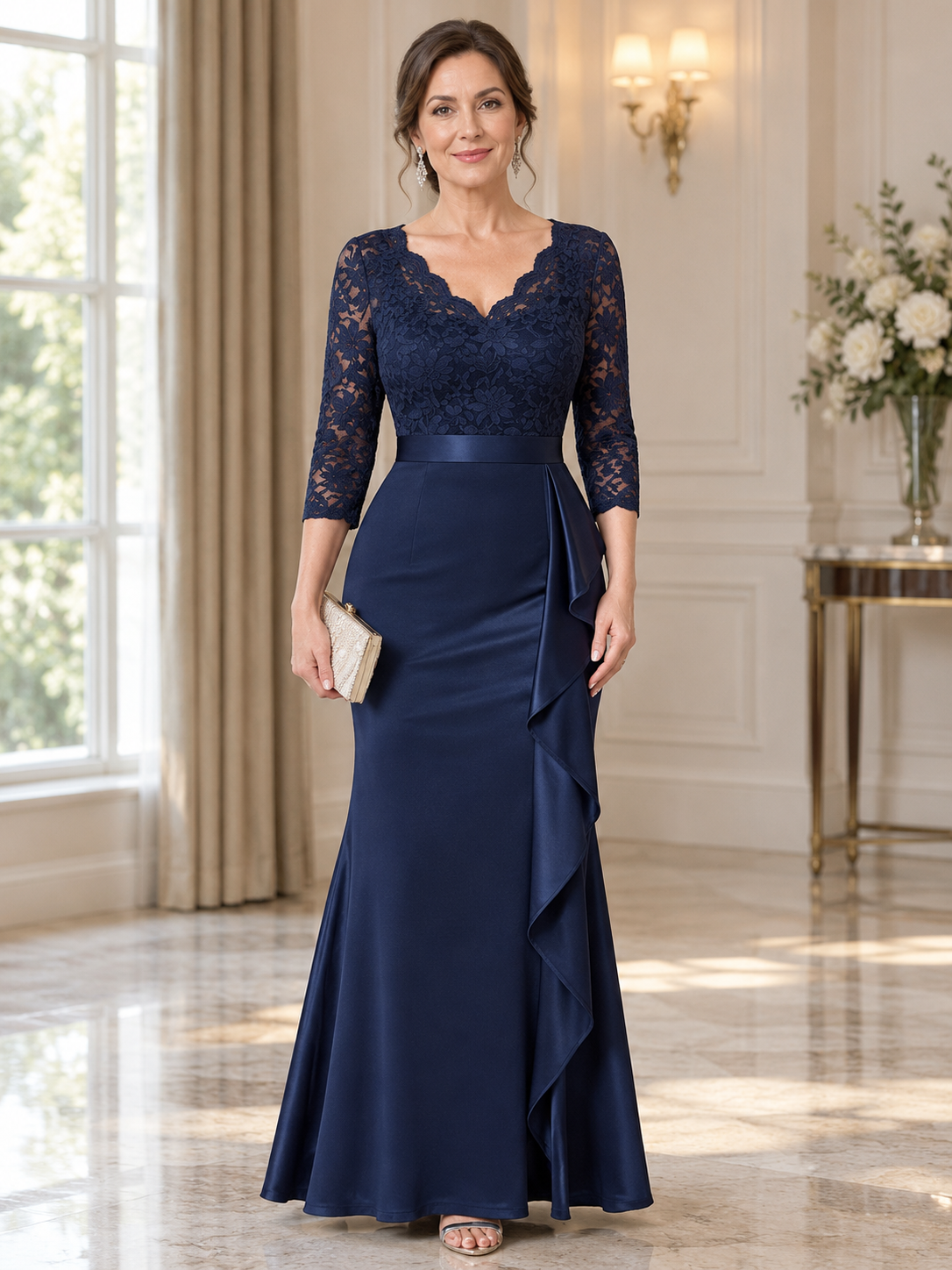 Navy Blue Lace Satin 3/4 Sleeve Maxi Dress