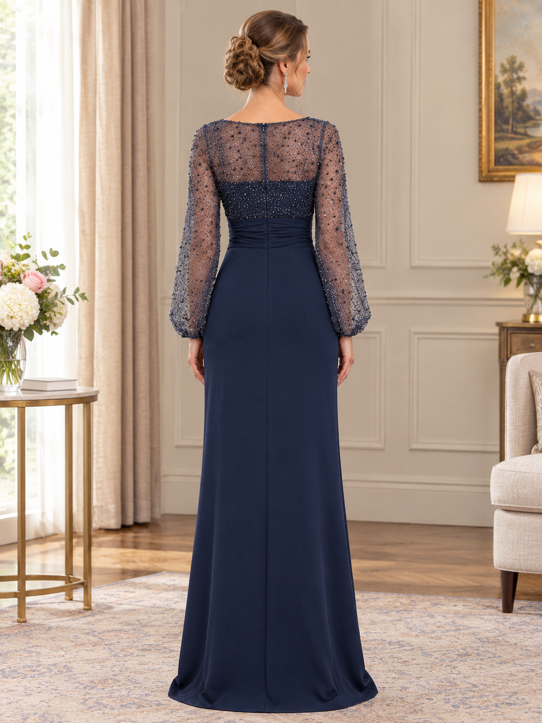 Navy Blue Boat-Neck Sheer Sleeve Column Maxi Dress
